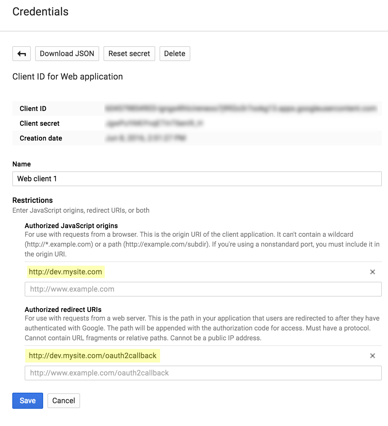 Google Web Client Settings